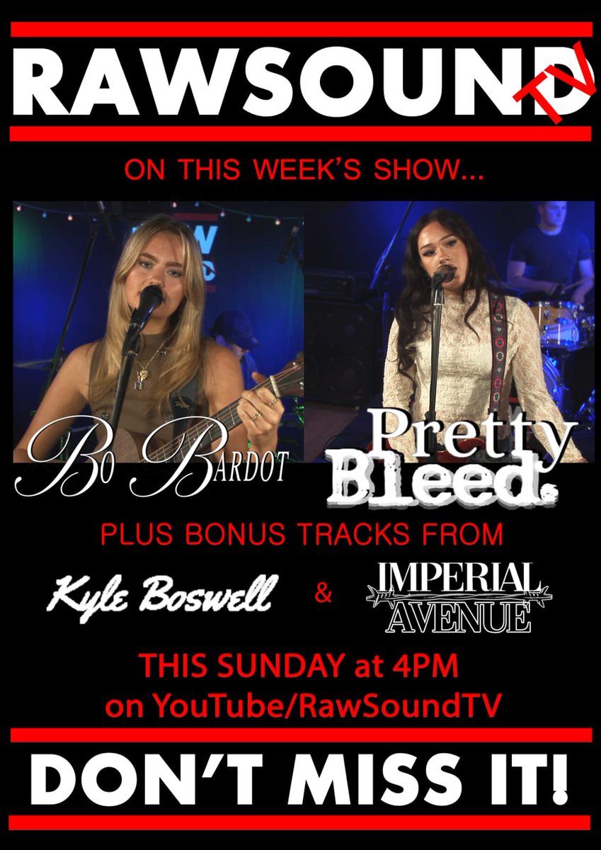 🚨NEW SHOW🚨
This SUNDAY at 4pm, tune in for a brand new episode of #Birmingham’s best &amp; only new #livemusic ‘TV’ show! 
We’ve got live performances from the superb #BoBardot &amp; #PrettyBleed PLUS exclusive bonus tracks from <a href="/KyleBoswell/">Kyle Boswell Music</a> &amp; #ImperialAvenue 
 youtube.com/@rawsoundtv?si…