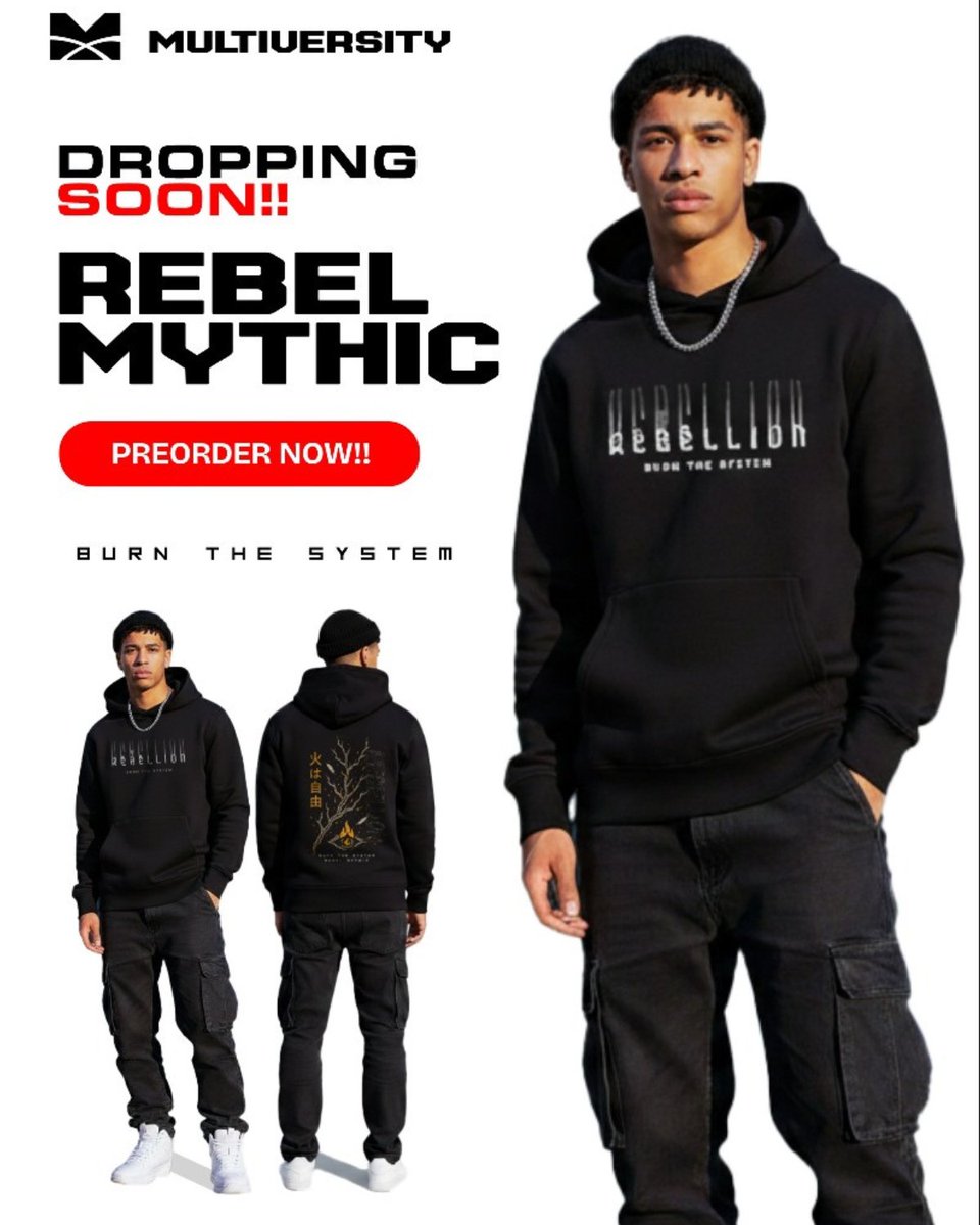 multi_versity's tweet photo. BURN THE SYSTEM.
The Rebel Mythic Hoodie drop is coming.
Tap preorder before the glitch fades 🕶

#RebelMythic #AIStreetwear #TechwearAesthetic #Glitchwear #StreetwearDrop #MultiversitySix #FuturisticFashion #StreetwearTikTok #AIClothing https://t.co/viy57nT882