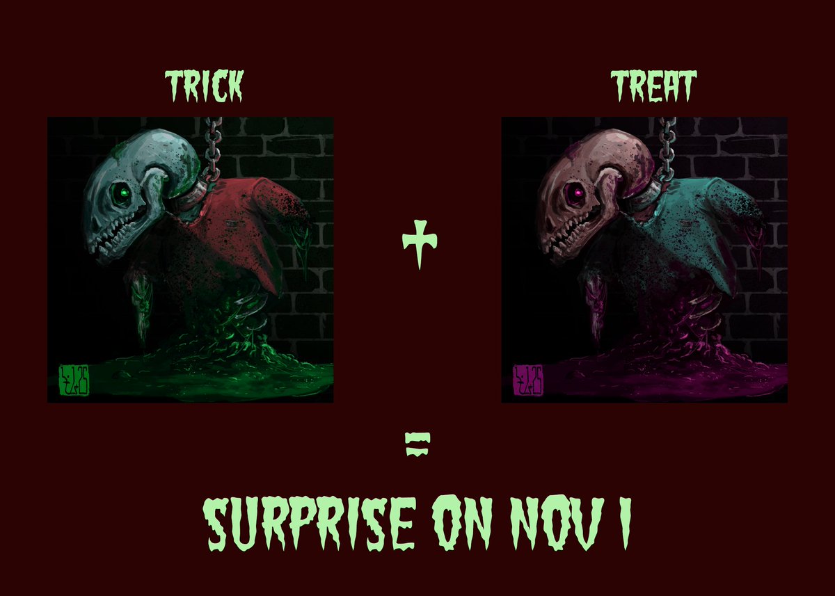 TRICK OR TREAT

Reply here with a "Trick or treat" and your #tezos wallet and I'll airdrop you TRICK (although be patient, I'm not on here that much). 

Collect both TRICK and TREAT and I'll airdrop some surprise art into your candy bag on Nov 1.

For TREAT, see below.