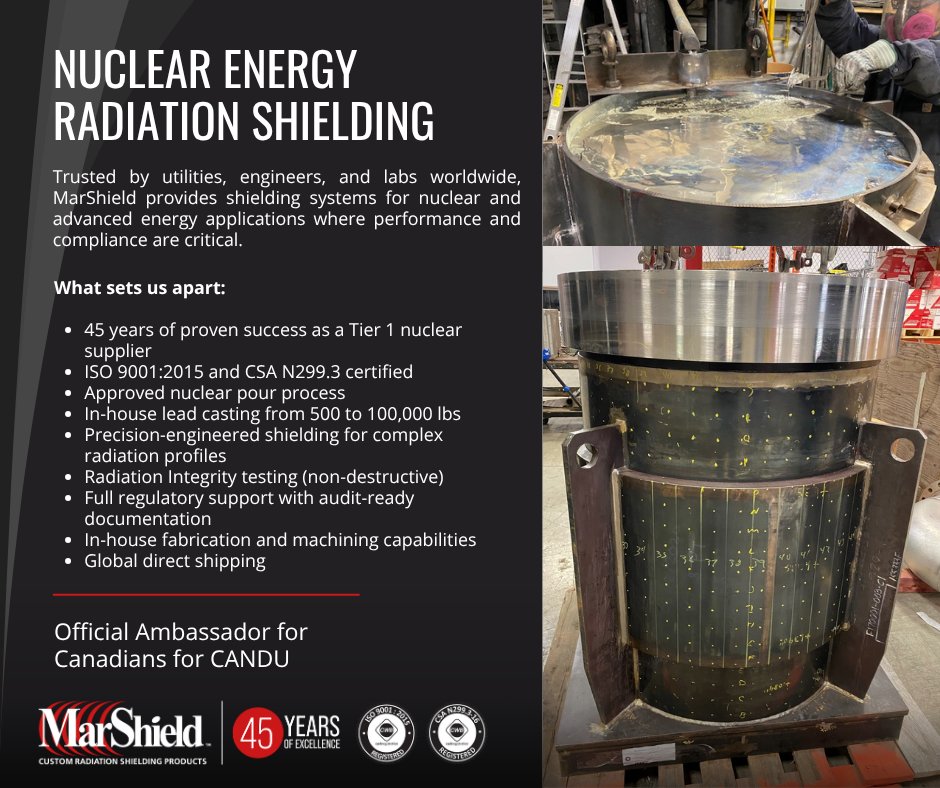 Radiation shielding isn't one-size-fits-all.
MarShield supplies certified lead pours and shielding systems for small modular reactors, CANDU technology, and radioactive waste sites.
Let's get your shielding right: bit.ly/425MgZ8

#NuclearEnergy #RadiationShielding