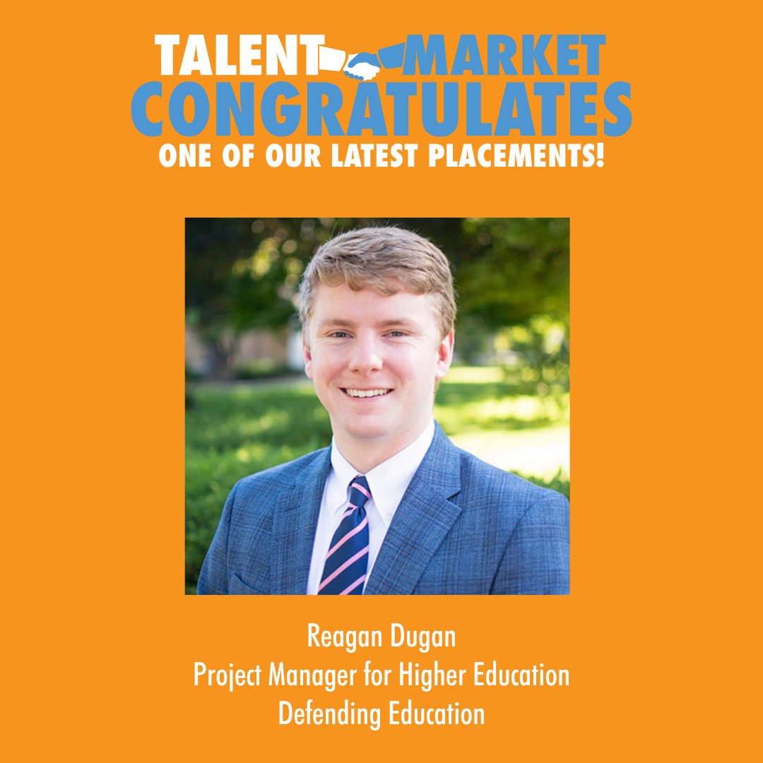 TalentMarket's tweet image. 🎉 Join us in congratulating recent Talent Market placement, Reagan Dugan, for joining @DefendingEd as their new Project Manager for Higher Education! 🎉 #talentmarketplacement #libertyjob