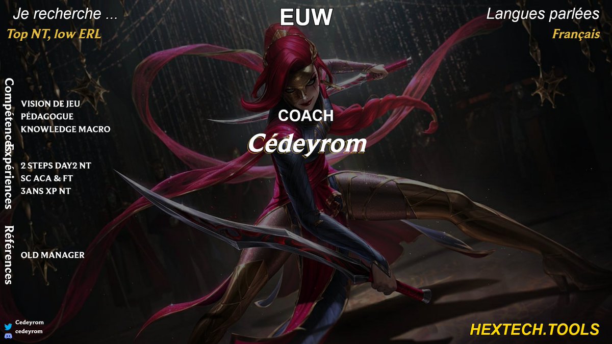 [LFT Head Coach]

Hello, je suis à présent LFT pour ce mercato Nexus Tour.  

➡️Playoff NT Ambitions
➡️Projet avec budget LAN et Bootcamp 

❤️&amp; 🔄appréciés🙏