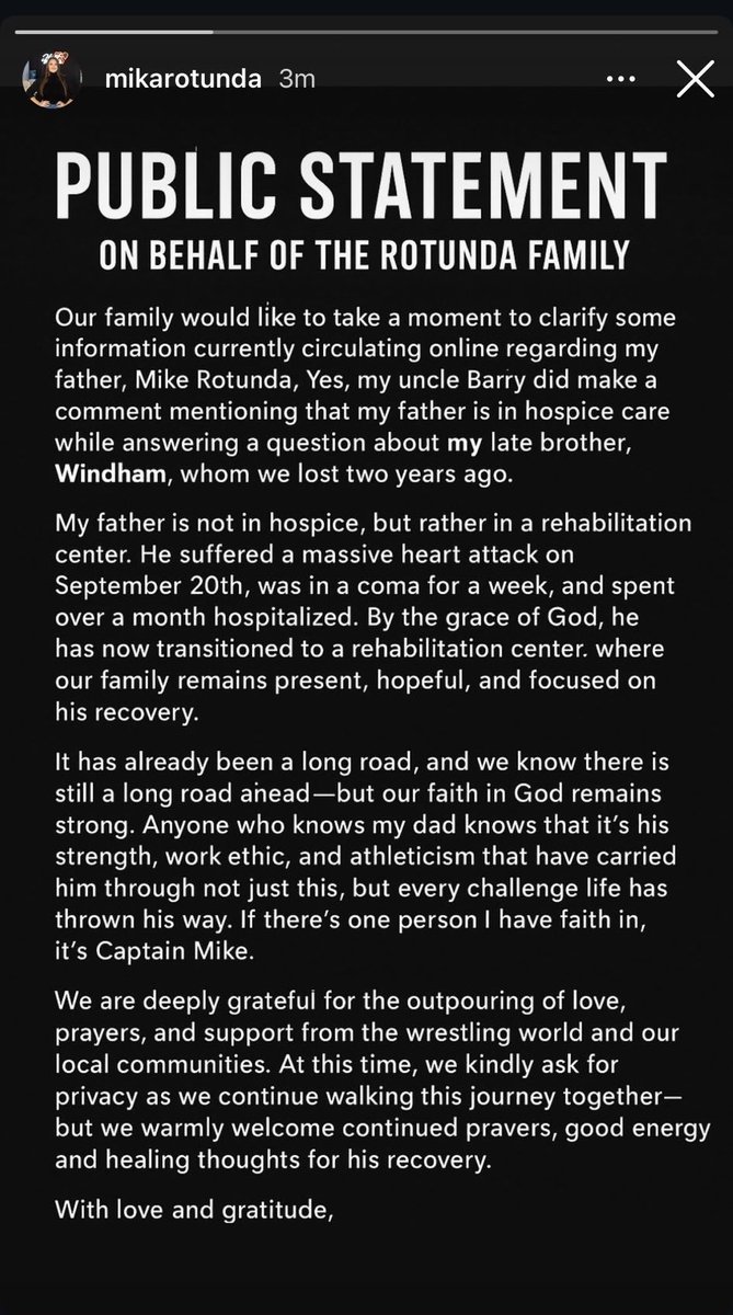 Via Mika Rotunda’s IG Story.

Continue to send love and support to the Rotunda Family. I’m glad to hear Mike is doing better and hope he gets well soon. ❤️❤️