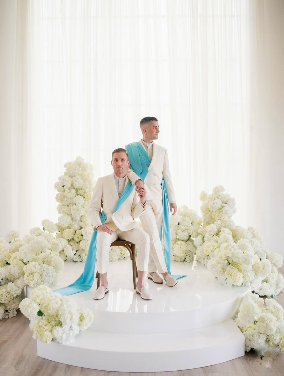 KEPRebels's tweet photo. A runway-inspired look, reimagined for forever. ♾️  From custom ivory suits and custom embroidered loafers to hand-sewn blue silk sashes — every detail designed and made in-house by Klein Epstein Parker. 

Big congrats to this lovely couple @johnammatuna &amp; @btboudin 🤍 https://t.co/B8JNN5pozx