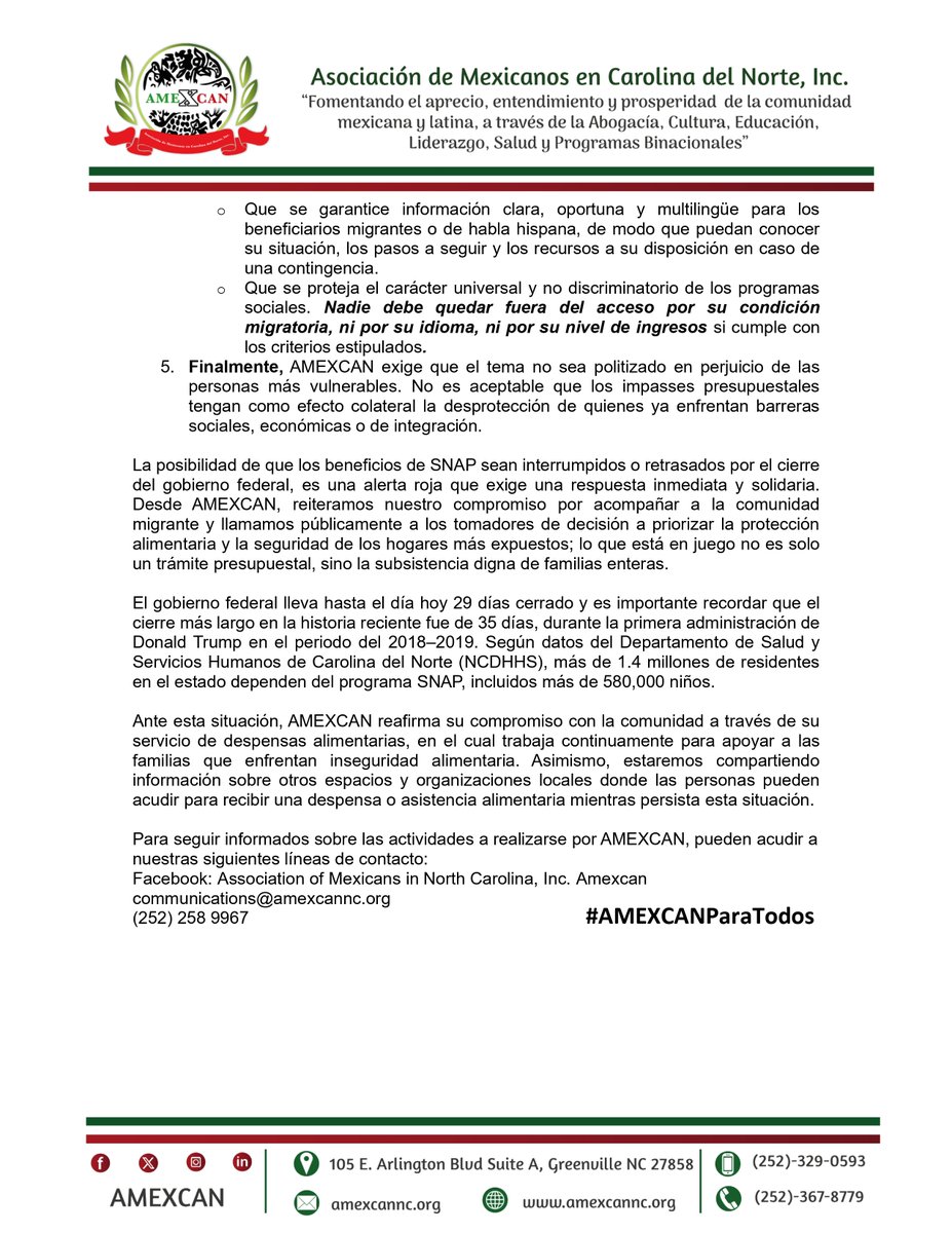 AMEXCANNC's tweet photo. AMEXCAN expresa su preocupación ante el cierre del gobierno federal en EE.UU., que podría afectar programas como SNAP de los que dependen millones de familias.
Exigimos que se garantice la continuidad de la asistencia alimentaria y la protección de las comunidades más vulnerables https://t.co/8Up7Gtjeci