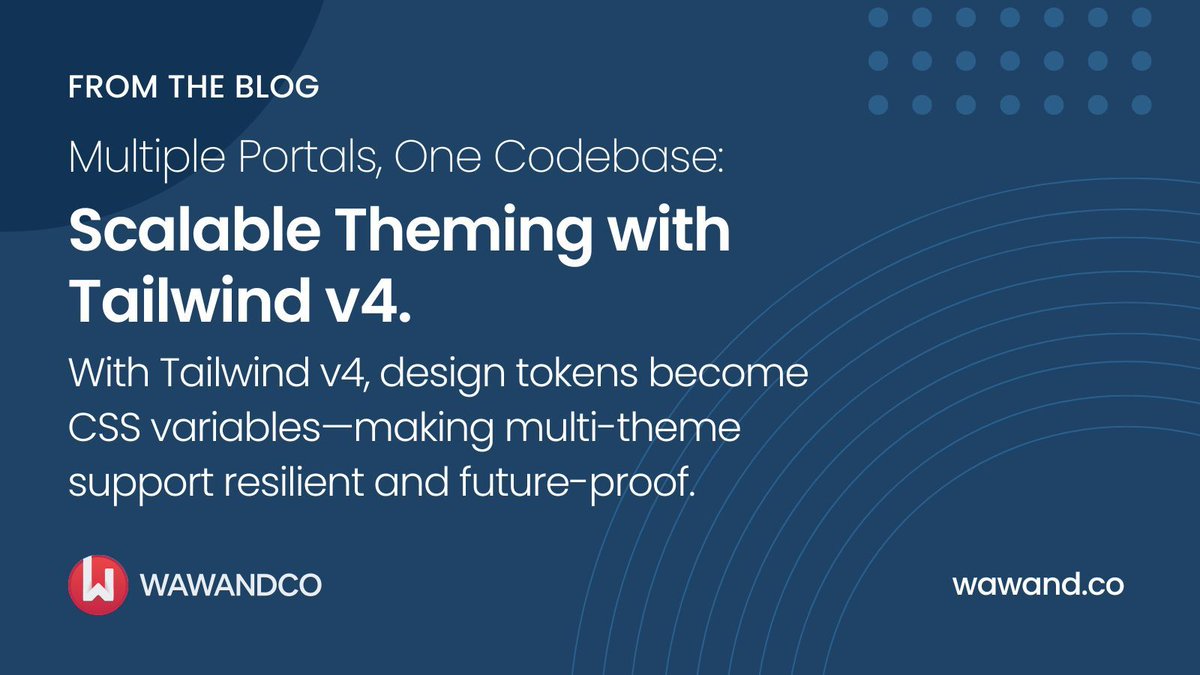 wawandco's tweet image. Dark mode, light mode, multi-tenant branding—still juggling configs?
Tailwind v4 simplifies theming with CSS variables.
Read our last #BlogPost:  buff.ly/jkzUioE
#TailwindCSS #DevEx #Wawandco #FromTheBlog