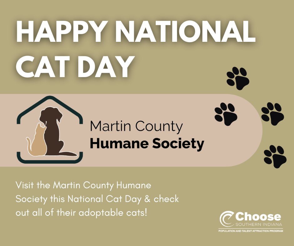 ChooseSoIN's tweet image. Happy National Cat Day from Choose Southern Indiana! Today we’re shining a spotlight on our friends at the Martin County Humane Society in Loogootee — a volunteer-powered, donation-only, no-kill shelter doing incredible work for our feline (and canine) friends.