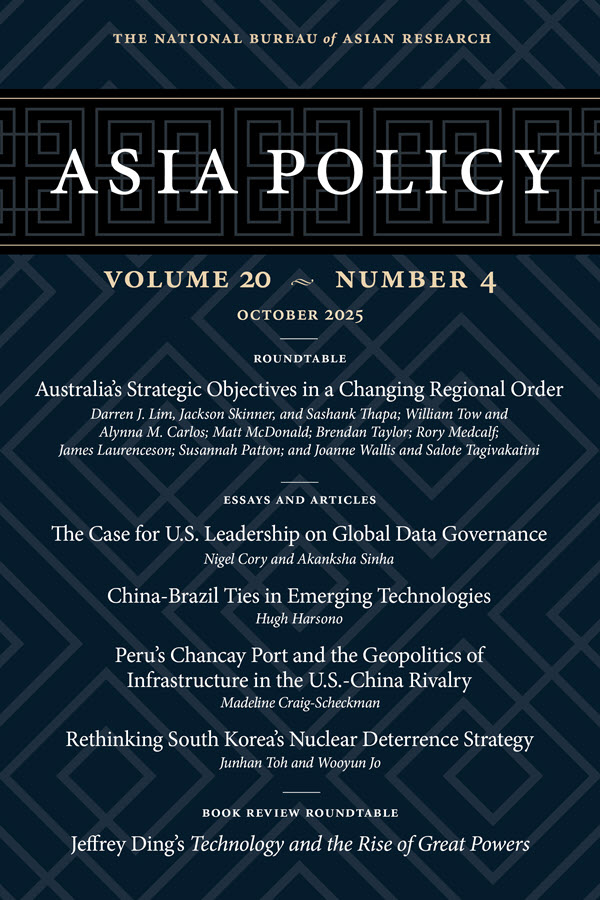 NBRnews's tweet image. NEW ISSUE OF ASIA POLICY! Content on Australia&apos;s strategic objectives in a changing regional order, U.S. leadership on data governance, China ties in Latin America, South Korea&apos;s nuclear deterrence, and technological revolutions &amp;amp; great-power competition: nbr.org/publication/as…