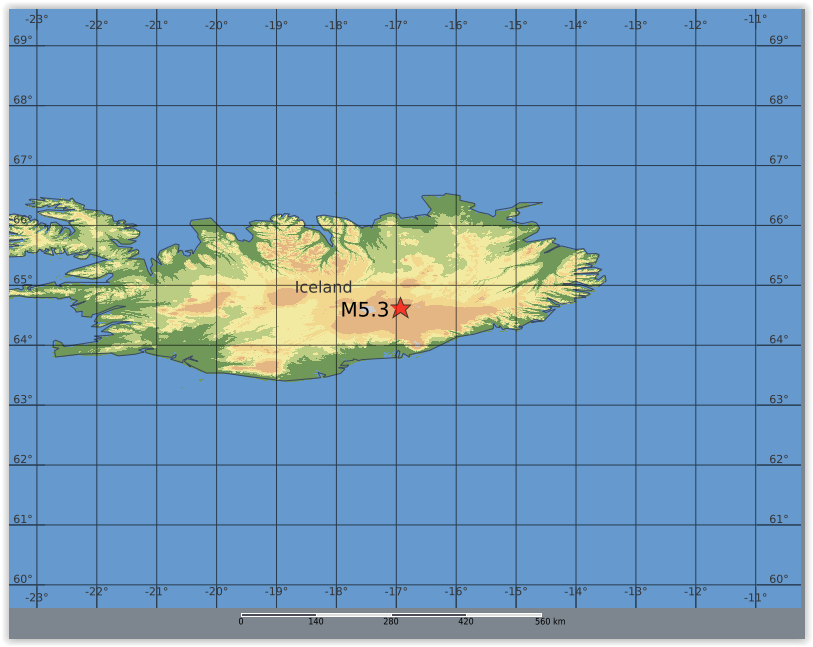 QLARM's tweet image. EARTHQUAKE M5.3. Origin Time: 2025-10-29 16:46:00 UTC, Iceland (64.63 ; -16.93), Depth: 8.0 km, (source(s): GFZ). Estimated fatalities: 0 to 0, injured: 0 to 0