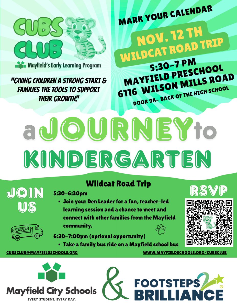 CUBS CLUB "JOURNEY TO KINDERGARTEN" - SESSION 2 - Save the date and register for the Wildcat Road Trip and Den Leader learning sessions. Free for all Mayfield City Schools families with kids ages birth to 5.  #mychoicemayfield #startwithyes