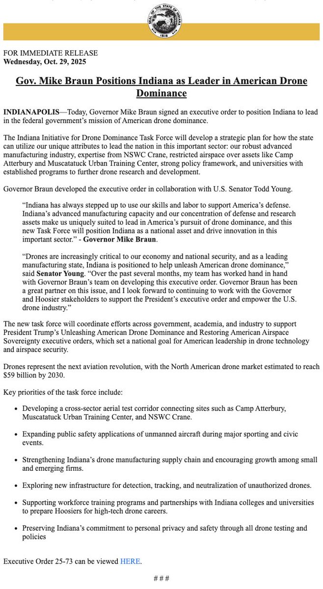 Today, I signed an executive order that will position Indiana as a leader in American drone dominance. 👊🏻

Executive Order: in.gov/gov/files/EO-D…