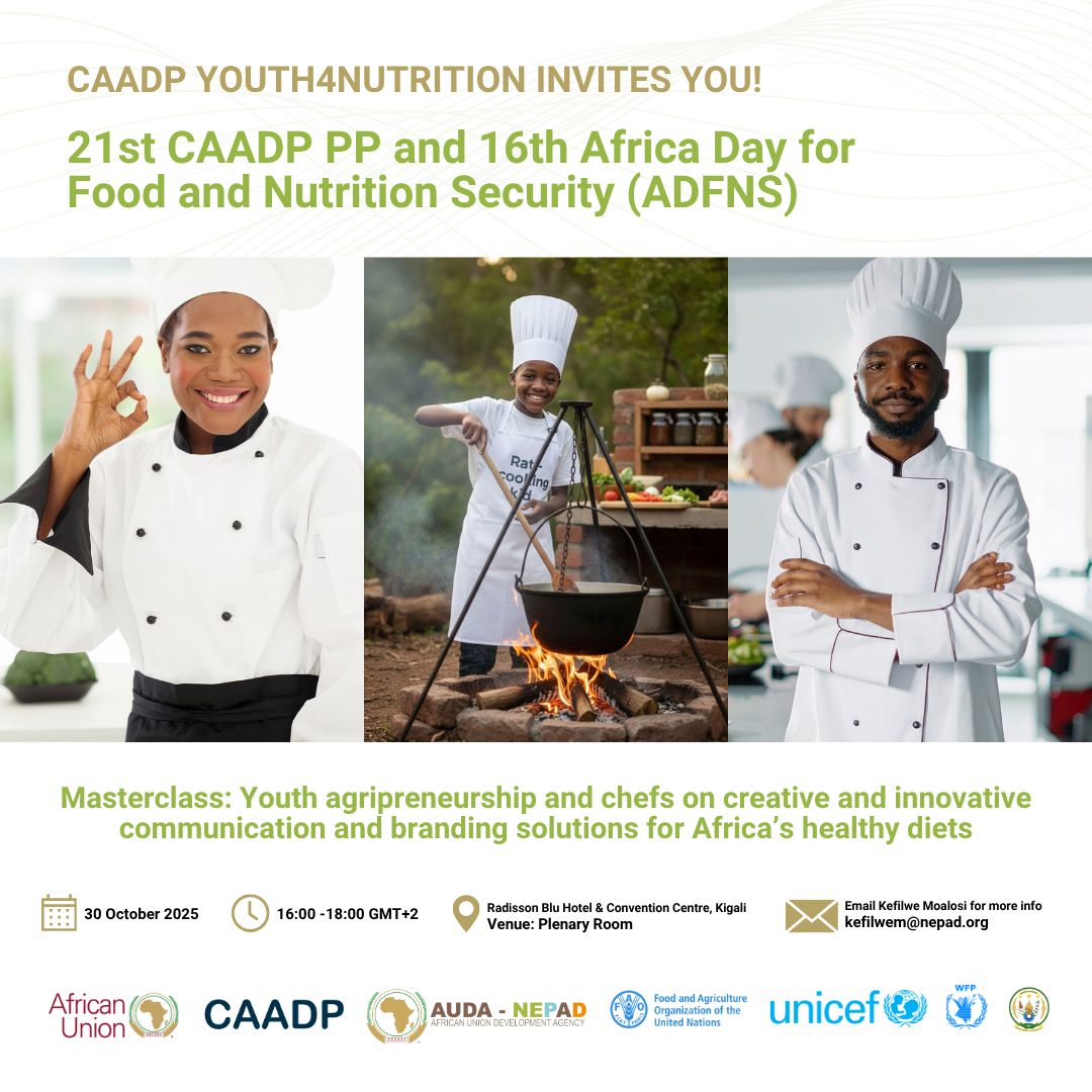 Don't miss the Youth Masterclass at the 16th #ADFNS and 21st CAADPPP! 🚀

Let's reclaim our plates! We're exploring how to rebrand African traditional foods for a healthy, modern lifestyle.

🗓️: Tomorrow, Thu 30 Oct
⏰:1600hrs
📍:Rwanda
#Youth4Nutrition #ADFNS #CAADP