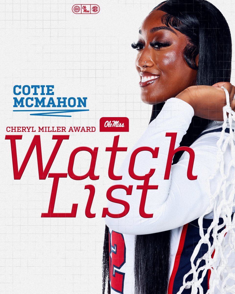 OleMissWBB's tweet photo. Small Forward. 𝐁𝐈𝐆 Impact. 

So proud of @cotiemcmahon23 for earning a spot on the Cheryl Miller Small Forward of the Year Watch List!

Read More >> https://t.co/9pTjWWmGBC

#HottyToddy | @hoophallu https://t.co/yWnf2cAnKI