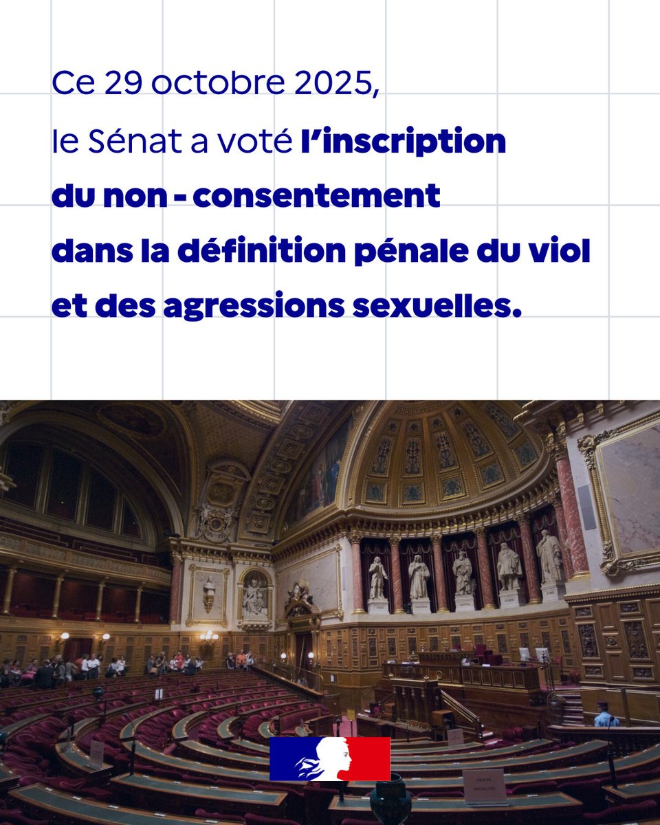 egalite_gouv's tweet image. #ArrêtonsLesViolences | 📢Ce 29 octobre 2025, le Sénat a voté définitivement la proposition de loi intégrant la notion de non-consentement dans la définition pénale du viol et de l’agression sexuelle
💡Pour rappel : Le consentement doit être libre et éclairé, spécifique,…