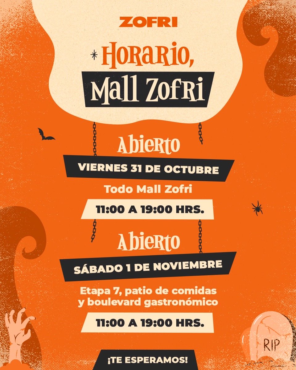 🎃 ¡Halloween llega a Mall ZOFRI! 👻
Prepara tus mejores disfraces, dulces y mucha energía, porque este fin de semana <a href="/MallZofri/">Mall Zofri</a> te espera con horarios especiales para disfrutar sin sustos:

🕒 Viernes 31 de octubre
🛍️ Todo Mall ZOFRI abierto de 11:00 a 19:00 hrs.

🍔 Sábado 1 de