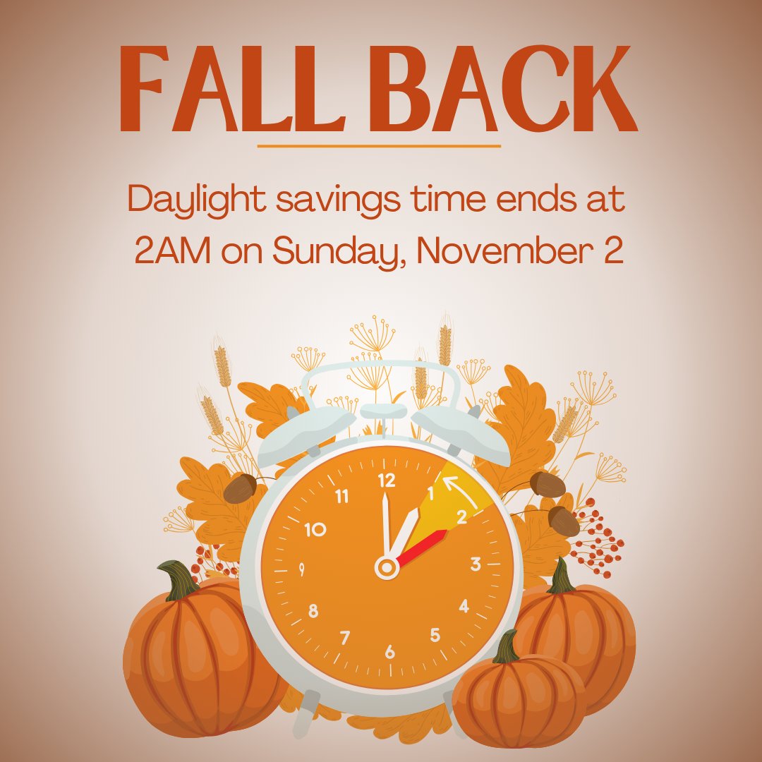 Reminder Daylight Saving Time ends at 2AM on Sunday, November 2nd.

As you prepare to set your clocks back this weekend, remember to check the batteries in your smoke detectors, carbon monoxide detectors, NOAA Weather Radios and prepare your home and family for fire and weather.