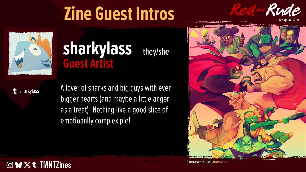 TMNTZines's tweet image. GUEST SPOTLIGHT: SHARKYLASS ❤️
Introducing sharkylass, one of our Guest Artists! Sharks, turtles and complex emotions; fit all those into one and you've got her favorite thing!