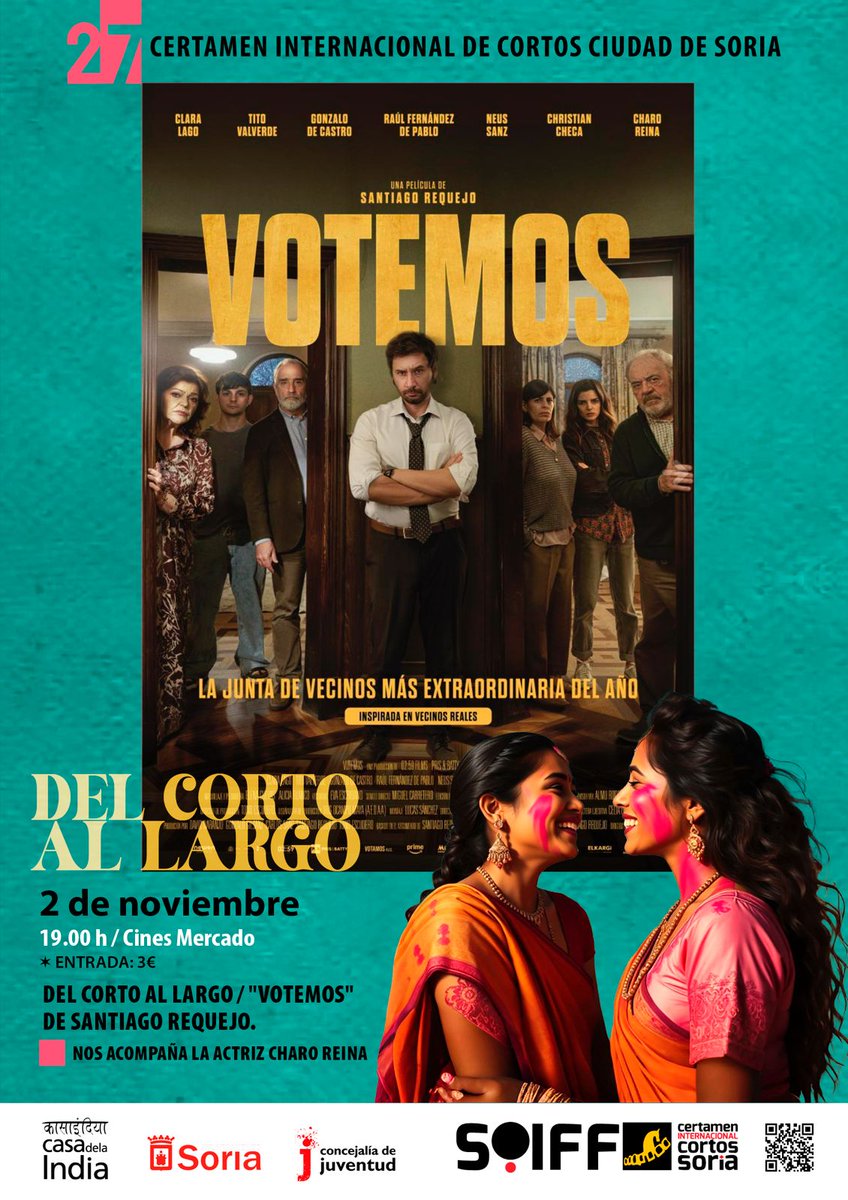 Os va a encantar!! "Votemos"<a href="/SantiagoRequejo/">Santiago Requejo</a> en <a href="/cinesmercado/">Cines Mercado</a> el domingo día 2 de noviembre a las 19 horas.
Nos acompañará la actriz,Charo Reina.
Estáis invitados/as.

<a href="/cjuventudsoria/">Concejalía Juventud</a> <a href="/Ayto_Soria/">Ayuntamiento de Soria</a> 

#eligesoria #eligecine #eligecorto