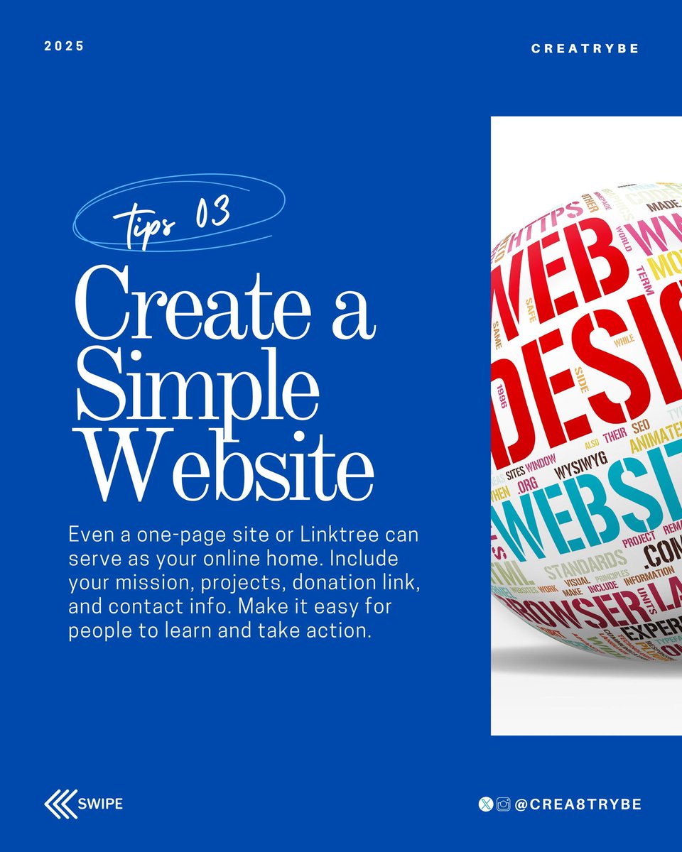 crea8trybe's tweet photo. Building your online presence as an NGO oftentimes seems to be quite the hassle.
What if I tell you it no longer has to be with simple tips like these ๐
Follow for more tips like this
#crea8trybe #Mediaforimpact #empowerngos https://t.co/jn89wflJoq