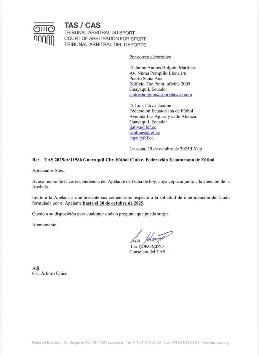 | OFICIAL | Guayaquil City es campeón de la Serie B 2025. El TAS ya recibió la solicitud del club porteño para aclarar el laudo. El organismo internacional ya notificó a la FEF y tienen hasta mañana para emitir sus comentarios. La resta de puntos, entonces, quedaría para un