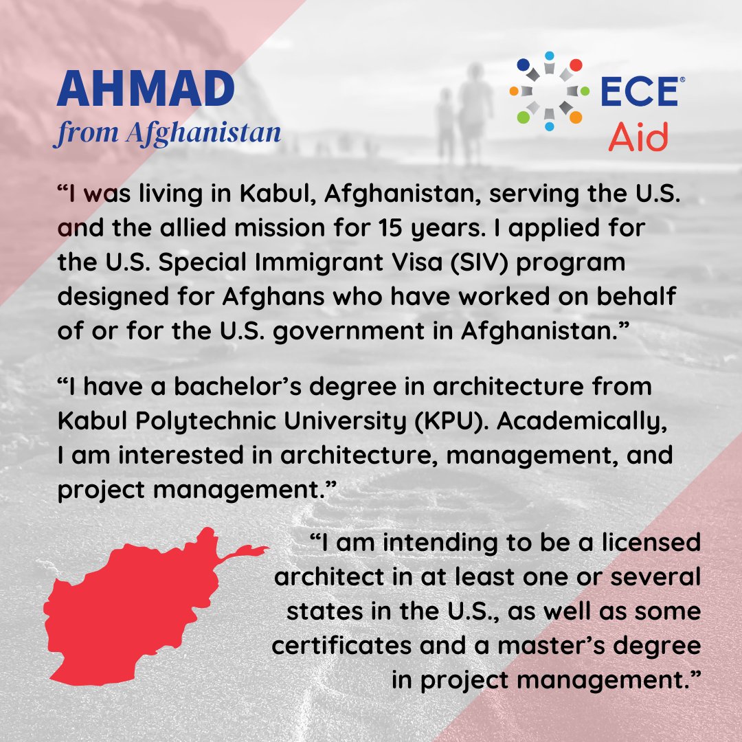 ECEConnection's tweet image. Special Immigrant Visa (SIV) holders have provided service to the U.S. govt risking safety &amp;amp; contributing significantly through employment w/ U.S. agencies. Read about Ahmad, an #ECEAid recipient from #Afghanistan pursuing architecture &amp;amp; graduate school at hubs.la/Q03QN_Bl0
