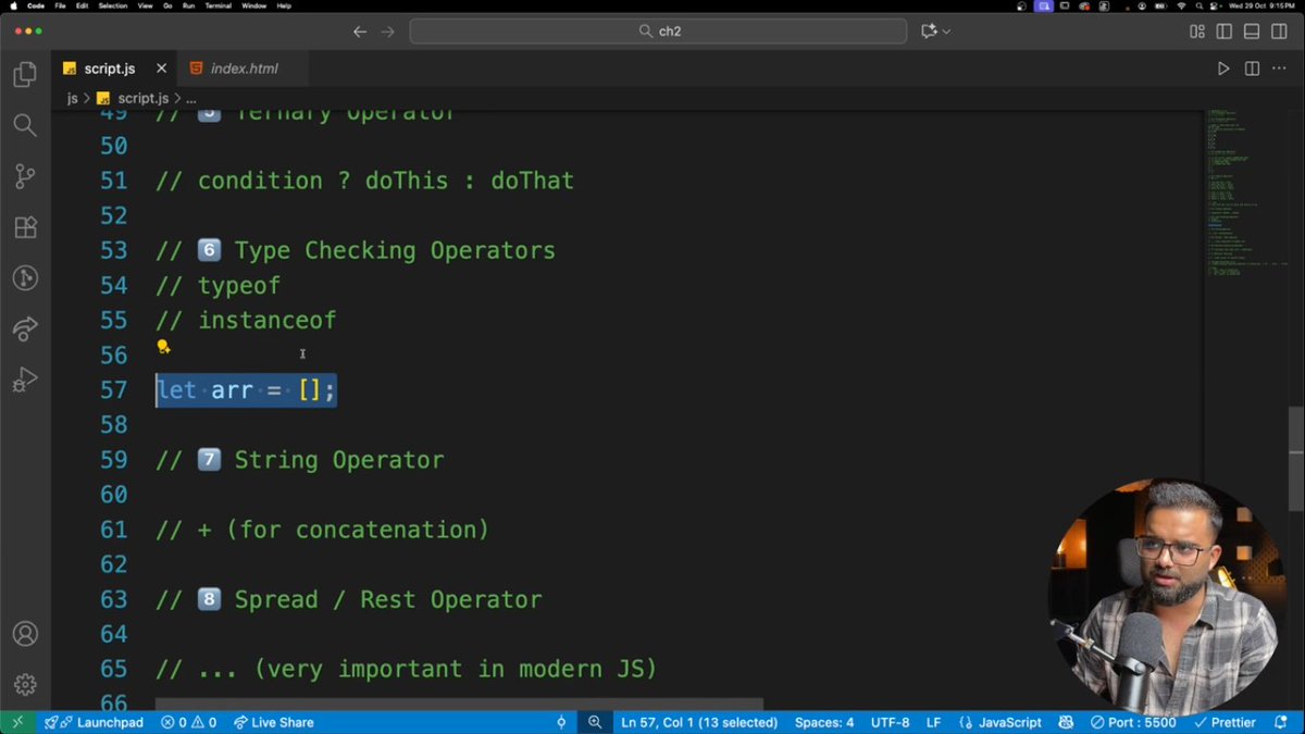 Vishakha_shete_'s tweet image. Day 31 — JavaScript Operators Deep Dive ⚙️
Covered arithmetic, comparison (== vs ===), logical ops, ternary, typeof/instanceof, spread & rest, ??, and optional chaining ?..
Small syntax → big improvements in readability & safety. 💡🚀
#Day31 #JavaScript #WebDev #CodingJourney