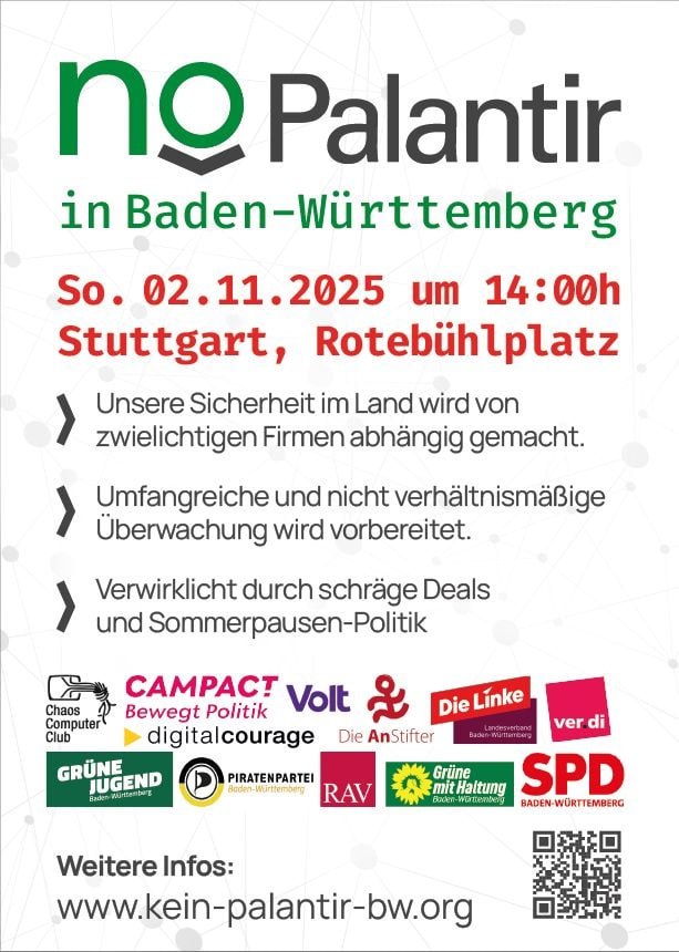Kundgebung gegen #Überwachung &amp; #Palantir! Am 02.11.2025, 14:00 Uhr am Rotebühlplatz, #Stuttgart! Die grün-schwarze Landesregierung will die US-Software PALANTIR einführen – ein Angriff auf unsere Freiheit. Kommt, zeigt Flagge! #Piraten #Datenschutz #Chatkontrolle