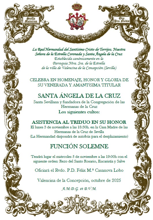 HdadTorrijos's tweet image. CULTOS: Cultos en honor de nuestra Titular, Santa Ángela de la Cruz.