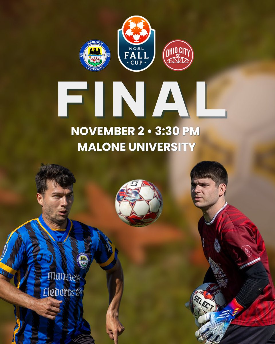 Countdown to kickoff! The Final Showdown between <a href="/mansfield_sc/">Mansfield Liederkranz SC</a> and <a href="/ohiocitysc/">Ohio City SC</a> is this Sunday, November 2nd. 

Who will take home the NOSL Fall Cup? 🍂🏆 

📍 Malone University
⚽️ Kickoff at 3:30pm