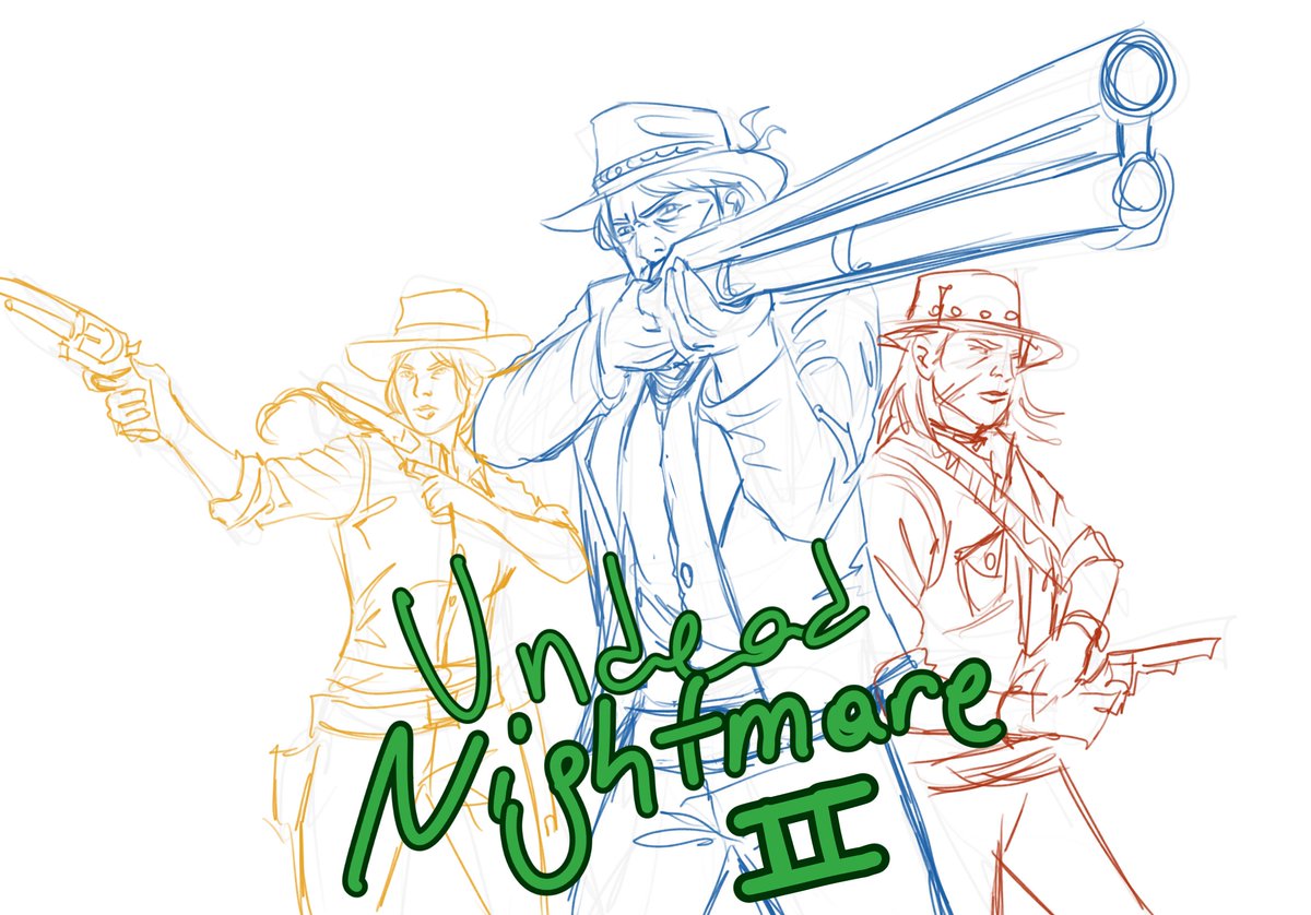 aurumsolarian's tweet photo. I had this idea for a while and since it’s Halloween, I sketched it. I’d love to play as Arthur, John and Sadie and fend off the zombies in an imaginary Undead Nightmare 2 (ROCKSTAR PLEASE!) #rdr2 #RedDeadRedemption2 https://t.co/DVDkaxJlkF