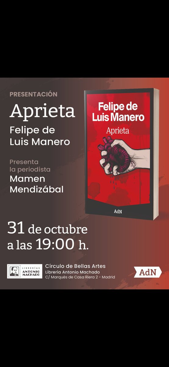 El próximo viernes estaré hablando de Aprieta con <a href="/MamenMendi/">Mamen Mendizabal</a> en el Círculo de Bellas Artes. Una novela quinqui y oscura para celebrar Halloween.