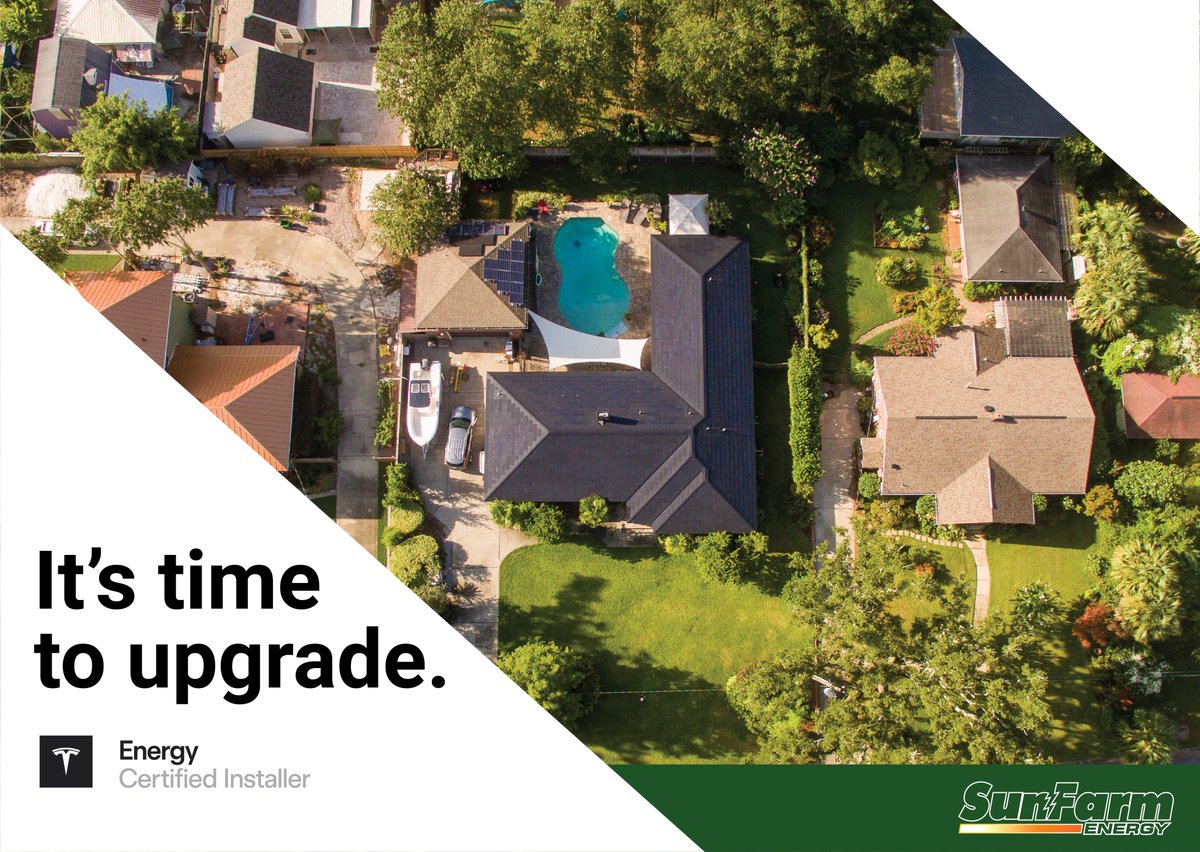SunFarmEnergy's tweet photo. It's time for an upgrade and Tesla Solar Roof will transform the way you think about solar power. ☀ With cells built right into the shingles of your roof, you can maximize solar capacity without sacrificing aesthetics.

Learn more at https://t.co/JANcJ4QOuP https://t.co/Y59UumVoOj