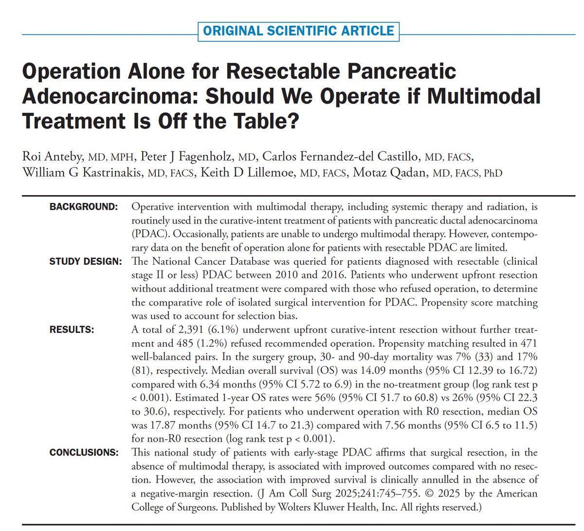 This project began after an MDT meeting w/ <a href="/motazqadan/">Motaz Qadan, MD, PhD</a>:

&gt; A resectable #pancreaticcancer pt was deemed too frail for chemotherapy
&gt; Onc asked: Should we still consider surgery?

I’ll admit - we initially thought -&gt; NO. Why operate for a systemic dis?
<a href="/AmCollSurgeons/">American College of Surgeons</a>