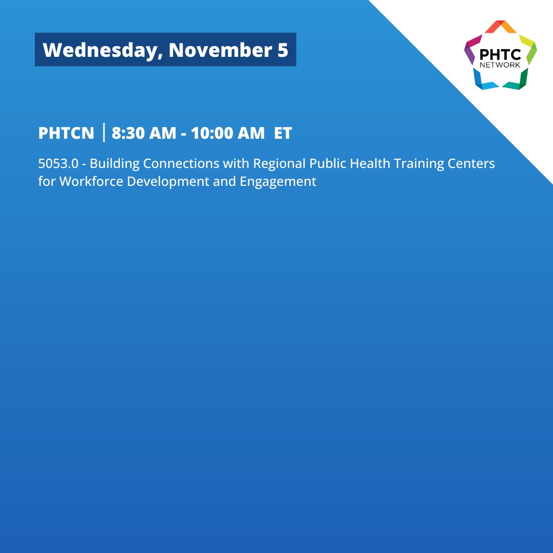 Region6PHTC's tweet image. Join The Public Health Training Center Network (PHTCN) at #APHA2025 November 2-5 in Washington, D.C.!

Stop by Booth #230 to connect with us. Be sure to check the images for PHTCN presentations and poster sessions.

For more info, visit apha.org/events-and-mee…