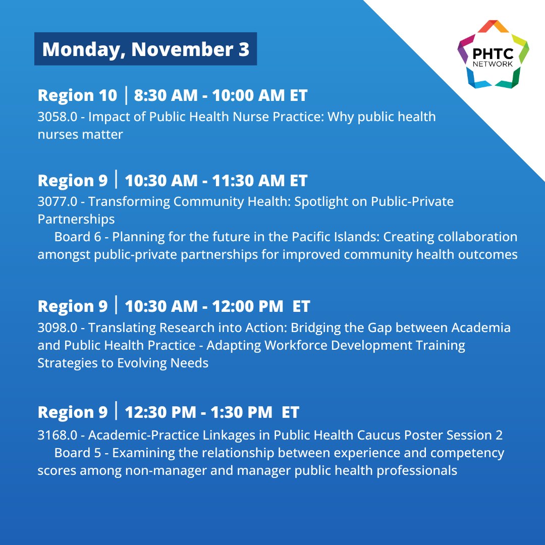 Region6PHTC's tweet image. Join The Public Health Training Center Network (PHTCN) at #APHA2025 November 2-5 in Washington, D.C.!

Stop by Booth #230 to connect with us. Be sure to check the images for PHTCN presentations and poster sessions.

For more info, visit apha.org/events-and-mee…