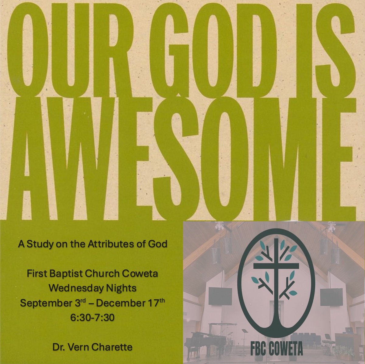Vern_Charette's tweet image. Tonight from 6:30-7:30 (come eat at 6) we will continue our attributes study. I’ll be teaching on “God’s Amazing Grace.” It’s going to be a blessed time! @FBCCoweta