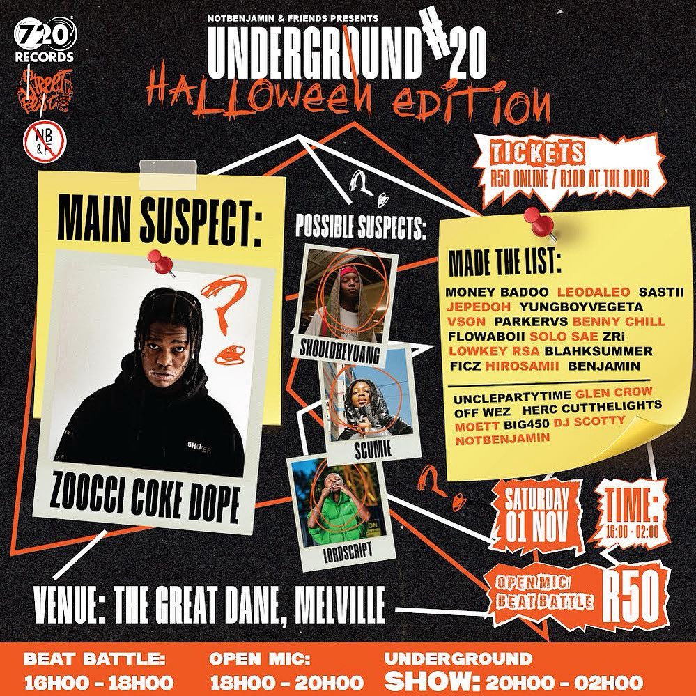 This Saturday, <a href="/NOTBENJAMIN_/">NOTBENJAMIN</a> is hosting “UNDERGRØUND #20: HALLOWEEN EDITION”

Tickets: quicket.co.za/events/341886-…