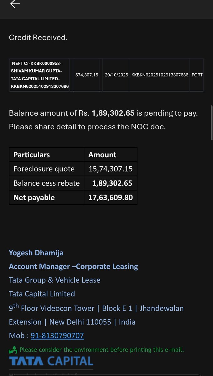 Shivamtechi's tweet photo. @tatacapital Stop looting customers by giving car lease rental &amp; cess.

After implementing GST 2.0 why tata capital still imposed cess charges along with 40% GST charges on car lease?

Intentionally delayed response 
@nsitharaman 
@FinMinIndia 
@RBI 
@PMOIndia 
@UPGovt https://t.co/49pN3N0JXp