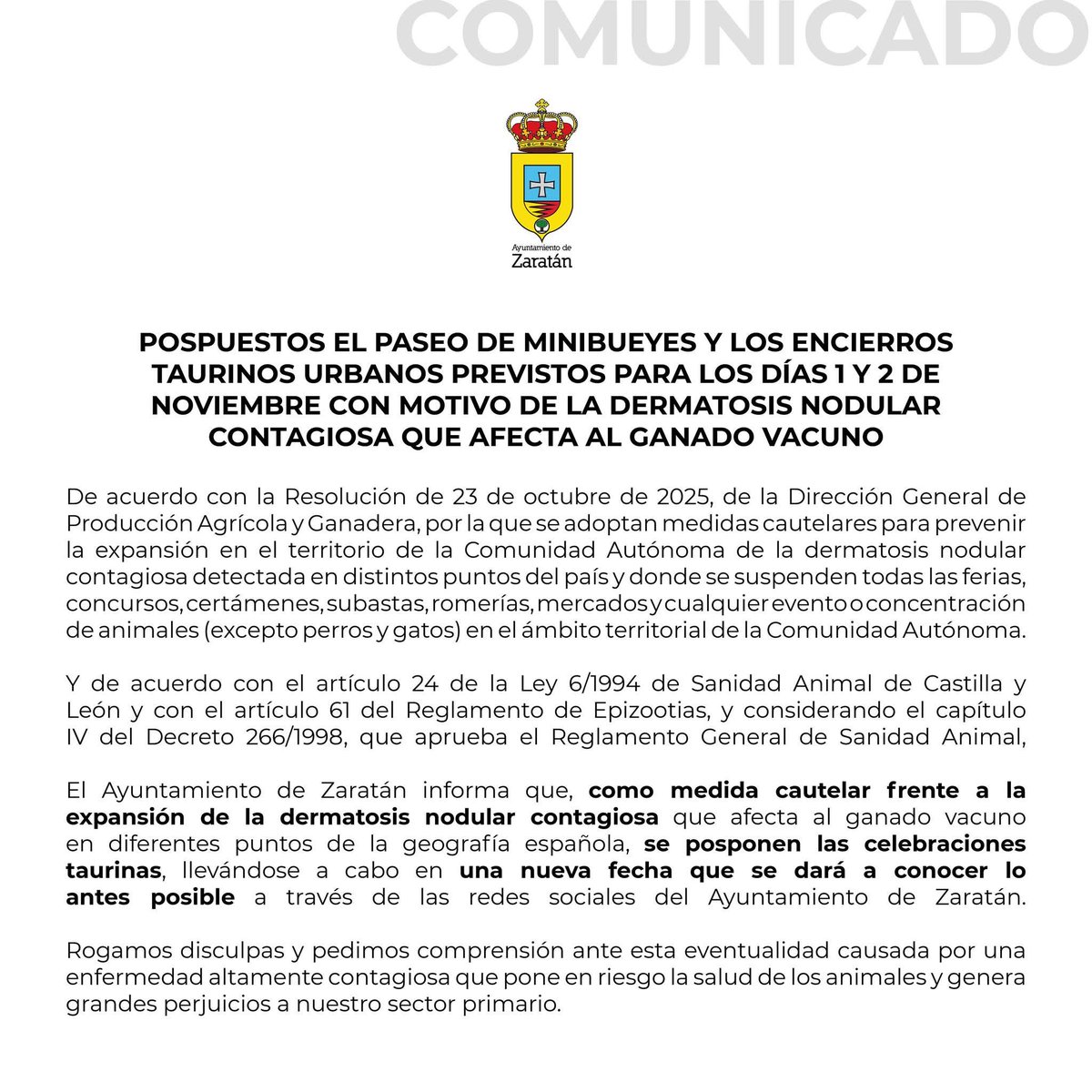 Última Hora
Zaratán pospone los festejos taurinos de este finde por la Dermatosis Nodular Contagiosa.

Toro de la Salchicha de

2022
30 fotosmelchorgarcia.blogspot.com/2022/10/30-de-…

2019
2 fotosmelchorgarcia.blogspot.com/2019/11/02-de-…

2018
3 fotosmelchorgarcia.blogspot.com/2018/11/03-de-…