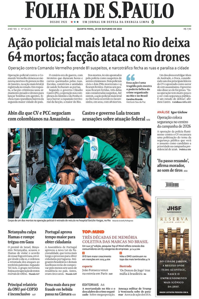 manchetempo's tweet photo. Jornais de fora do RJ que também destacaram a carnificina em suas primeiras páginas de hoje, 29/10/2025: https://t.co/ObZrimkGWi