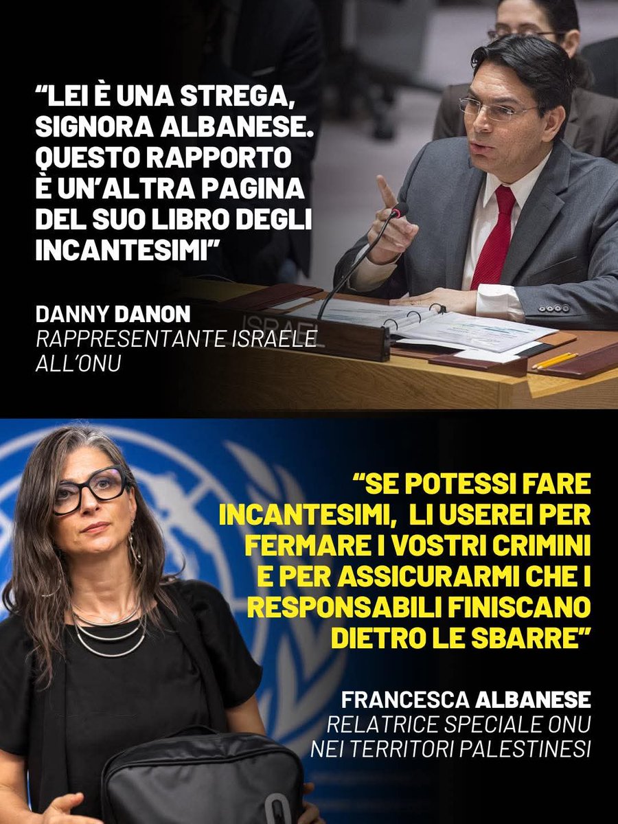 Uno stato genocida che da della "strega" a Francesca Albanese.
È una vergogna che il nostro Governo non difenda una loro cittadina.
<a href="/FranceskAlbs/">Francesca Albanese, UN Special Rapporteur oPt</a> è una gigante in mezzo ad un mare di letame.
#IsraelTerroristState