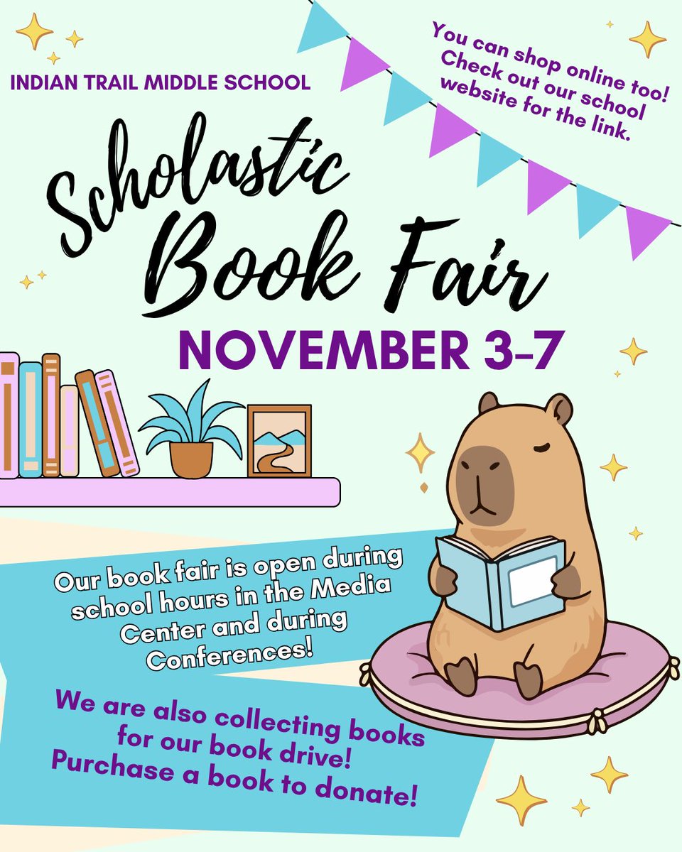 Who doesn't remember the thrill of a Scholastic Book Fair! Stop by and visit our fair in the media center during conferences on November 6th and 7th. Your students will have an opportunity to visit the fair during the school day. See the Indian Trail website for details.