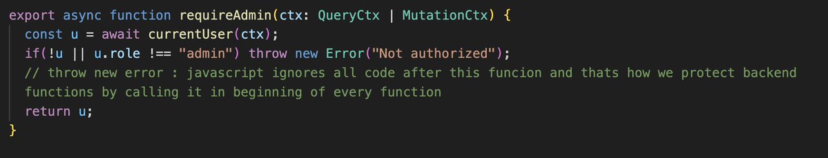 AmanSha01749335's tweet image. step 1.1 : Safety first

Added requireAdmin(ctx) — a tiny guard that runs on every admin query/mutation.
Even if someone bypasses the UI, backend writes are blocked.
Double-lock system 
(Clerk auth + Convex server check).