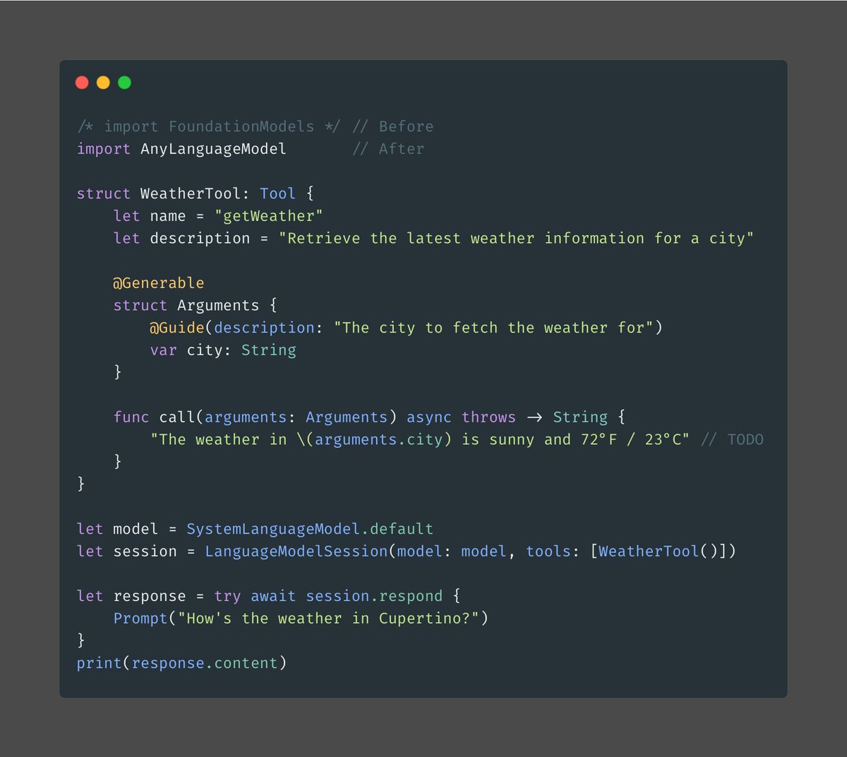 mattt's tweet image. Introducing AnyLanguageModel: A Swift package that provides a drop-in replacement for Apple&apos;s Foundation Models framework with support for custom language model providers.

github.com/mattt/AnyLangu…

Just change your import statement: