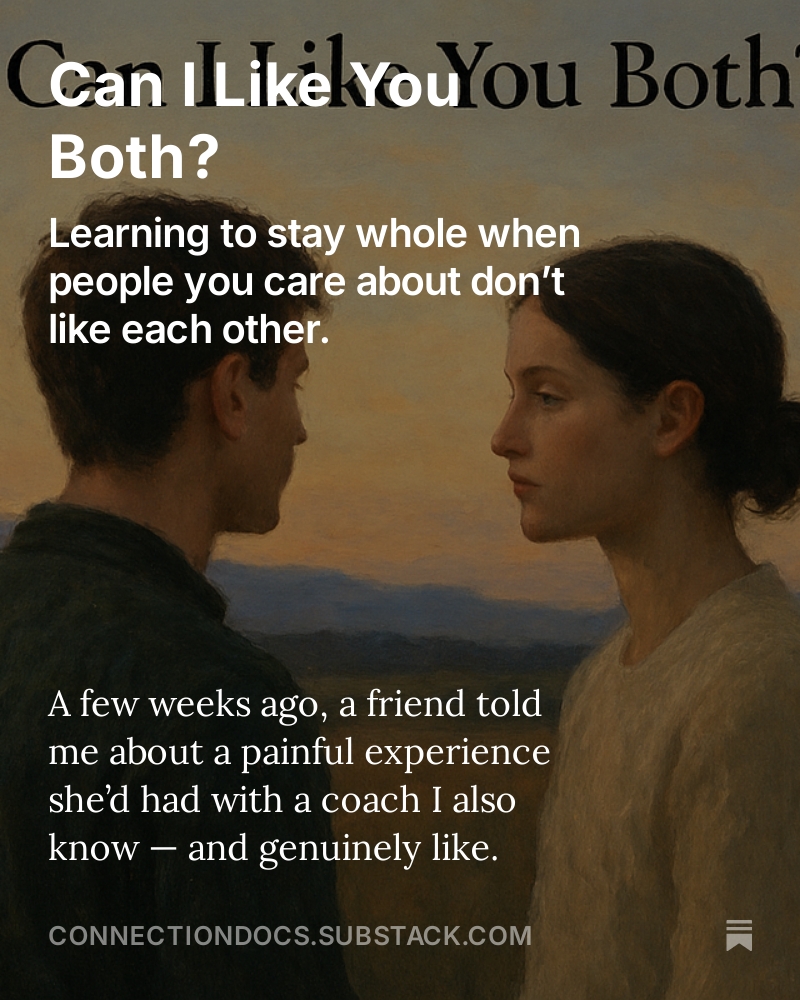 connectiondocs's tweet image. When two people you love can’t stand each other, staying loyal to both can feel impossible.
But real harmony isn’t something you create between others — it’s something you sustain within yourself.
Read: connectiondocs.substack.com/p/can-i-like-y…