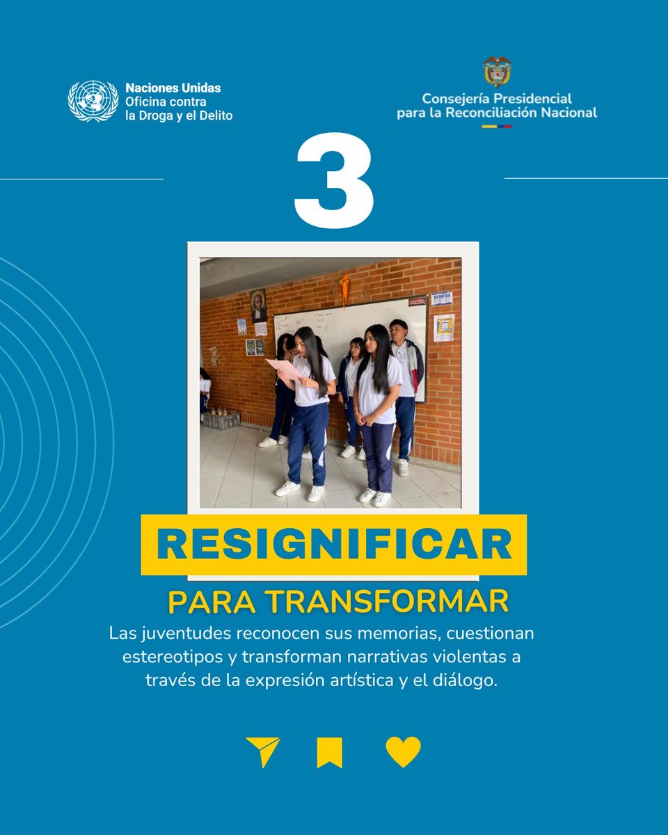 Con ‘Jóvenes que construyen: la reconciliación la escribimos juntos’ fortalecemos el papel de las juventudes en la promoción de la convivencia pacífica y la transformación de narrativas de violencia.

Esta reconciliación la escribimos juntos. @unodcrocol 

#ConDignidadCumplimos
