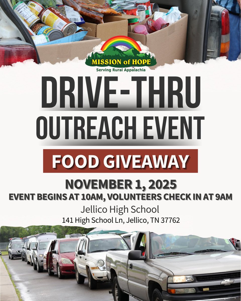 MissionofHope's tweet photo. This Saturday, Mission of Hope + Compassion Ministries will serve 500+ families in Jellico with food, hygiene items &amp; encouragement! 💛 75+ volunteers will help bring hope to our Appalachian neighbors. 📍Jellico HS, 10 AM #HopeInAction #MissionOfHope https://t.co/y5lDnvJdaA
