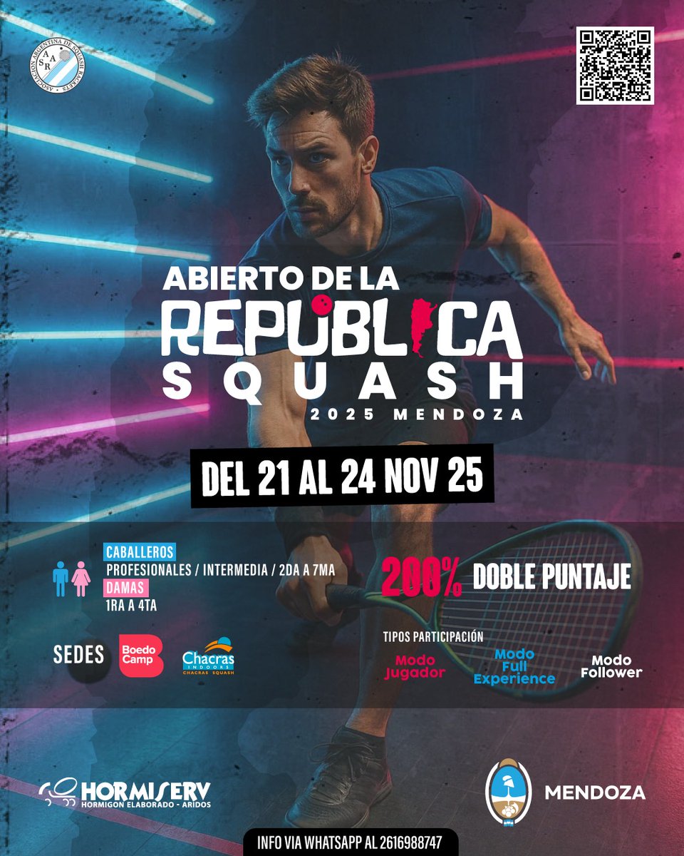 Mendoza será sede por primera vez del Torneo Abierto de la República de #Squash 

Con el apoyo del  Gobierno de Mendoza, el 21 al 24 de noviembre,  las mejores raquetas de Argentina y Chile competirán en el máximo  evento nacional de la disciplina.

➡️prensa.mendoza.gob.ar/mendoza-sera-s…