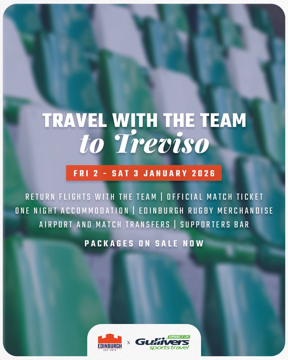 EdinburghRugby's tweet photo. ✈️ @GulliversTravel have an array of brilliant away day packages, but you'll need to act fast, spots are filling up quickly!

🇫🇷 Castres - one space remains!
🇮🇹 Benetton - Limited spaces
🍀 Leinster - Still plenty available

Book now ➡️ https://t.co/Y4hsm0N0KC https://t.co/B67fegXOJy