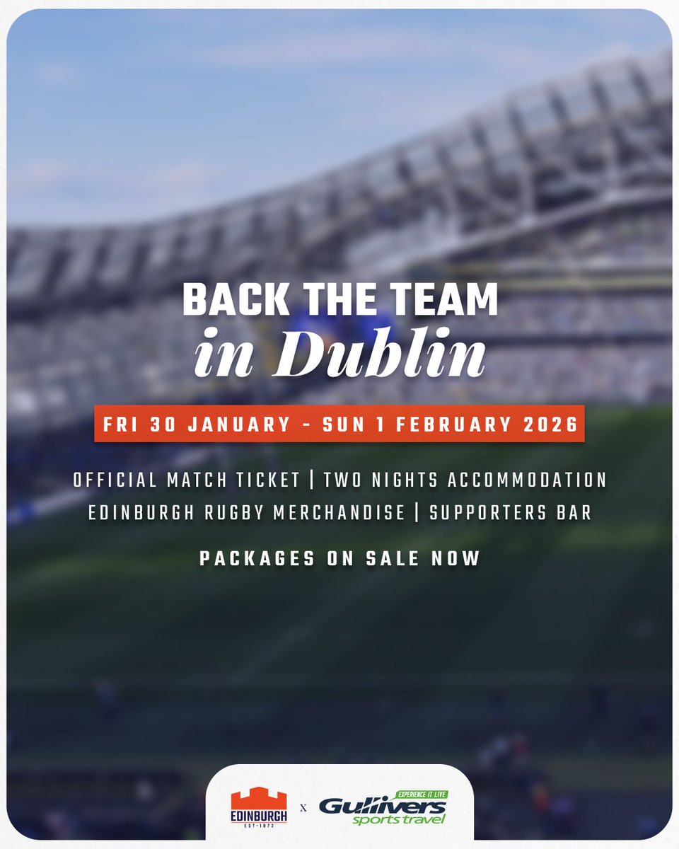 EdinburghRugby's tweet photo. ✈️ @GulliversTravel have an array of brilliant away day packages, but you'll need to act fast, spots are filling up quickly!

🇫🇷 Castres - one space remains!
🇮🇹 Benetton - Limited spaces
🍀 Leinster - Still plenty available

Book now ➡️ https://t.co/Y4hsm0N0KC https://t.co/B67fegXOJy